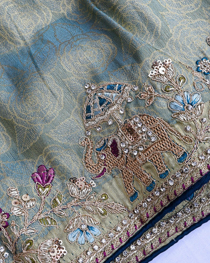 Ferozi Tissue Embroidery Saree - Shop Vastram