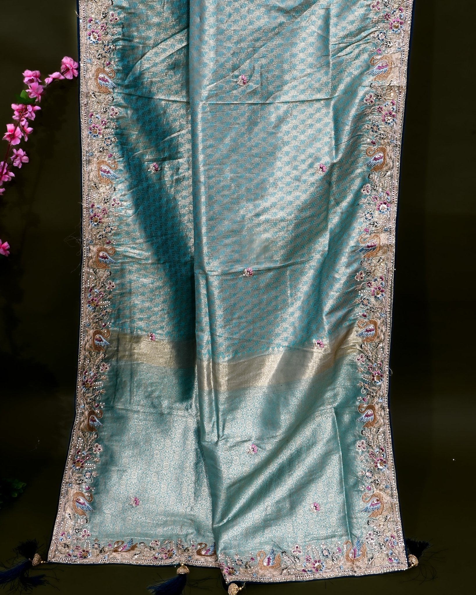 Ferozi Tissue Embroidery Saree - Shop Vastram