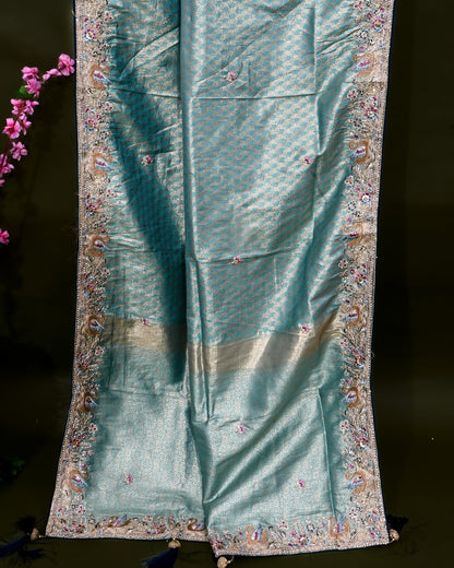 Ferozi Tissue Embroidery Saree - Shop Vastram