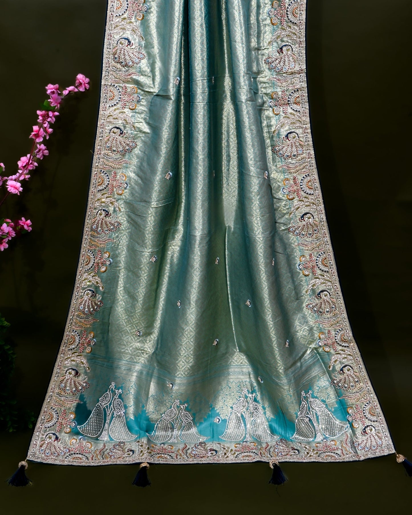 Ferozi Tissue Embroidery Saree - Shop Vastram