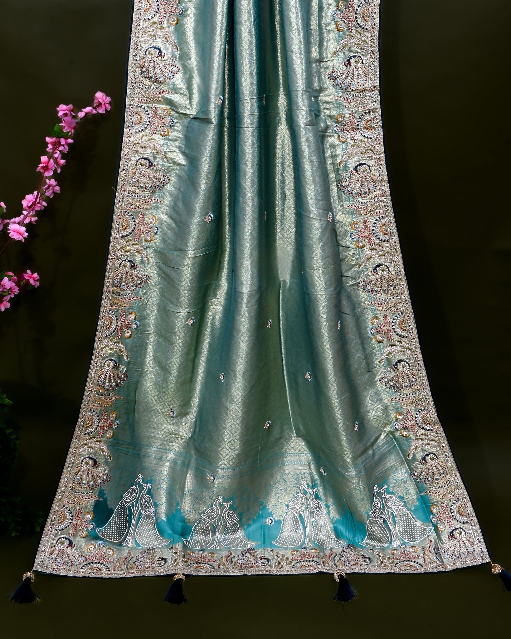 Ferozi Tissue Embroidery Saree - Shop Vastram