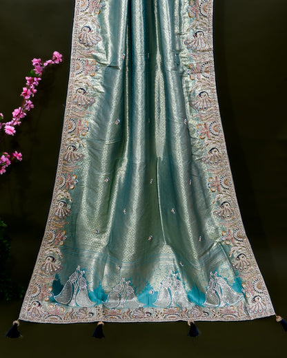 Ferozi Tissue Embroidery Saree - Shop Vastram