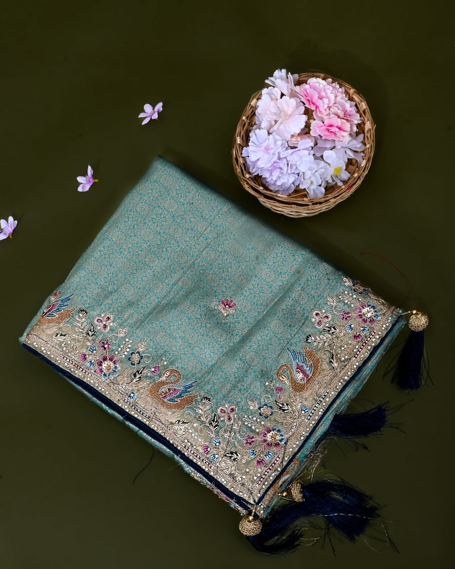 Ferozi Tissue Embroidery Saree - Shop Vastram