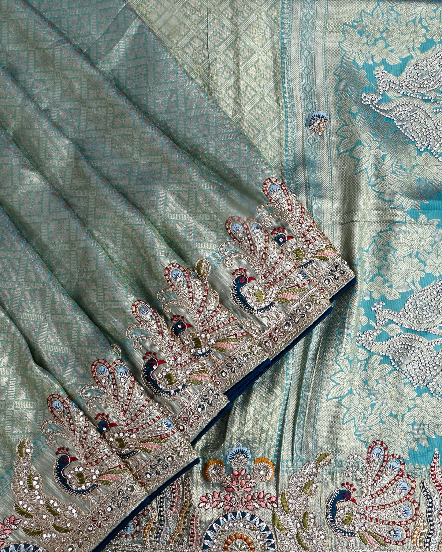 Ferozi Tissue Embroidery Saree - Shop Vastram