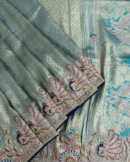 Ferozi Tissue Embroidery Saree - Shop Vastram