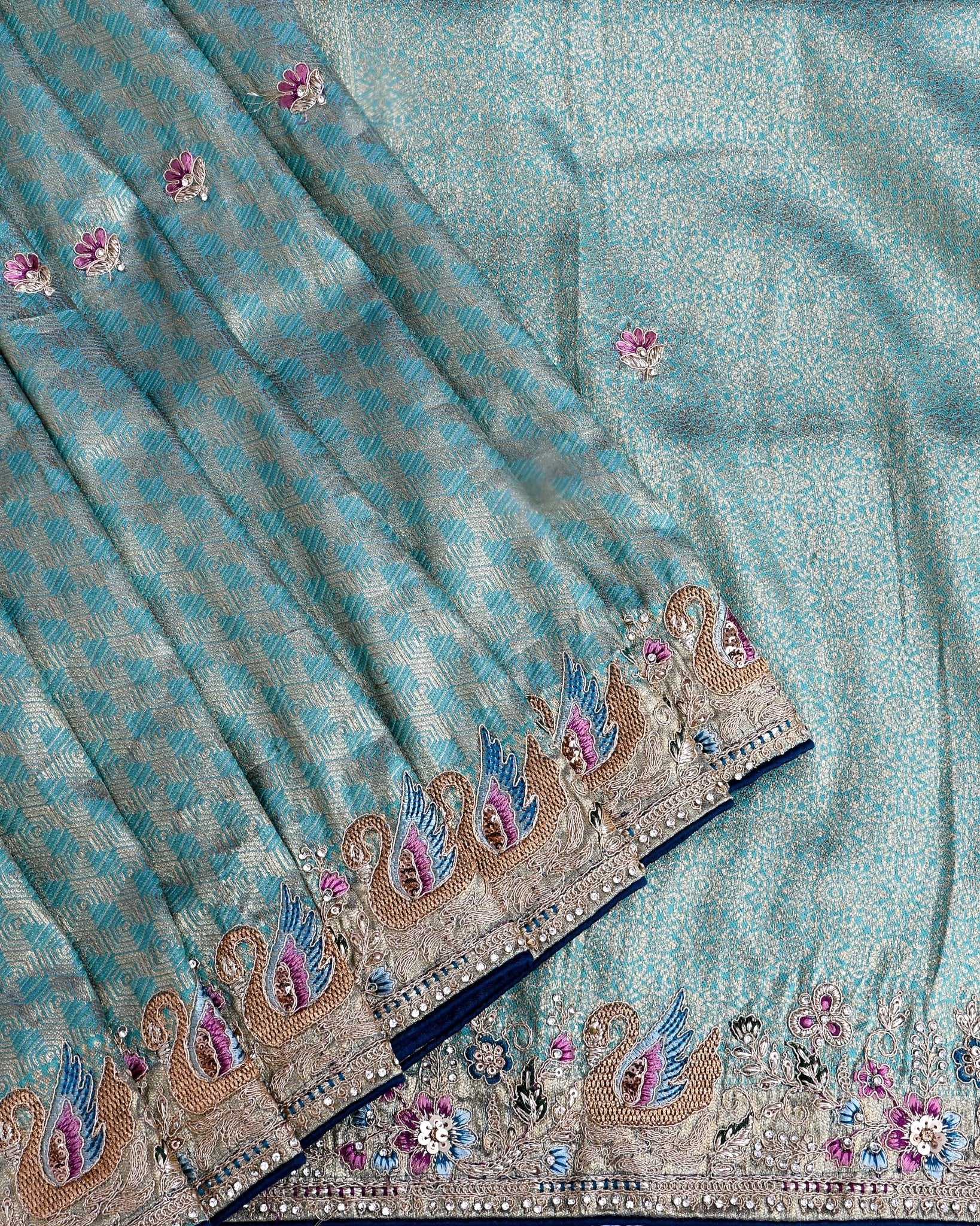 Ferozi Tissue Embroidery Saree - Shop Vastram