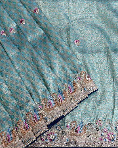 Ferozi Tissue Embroidery Saree - Shop Vastram
