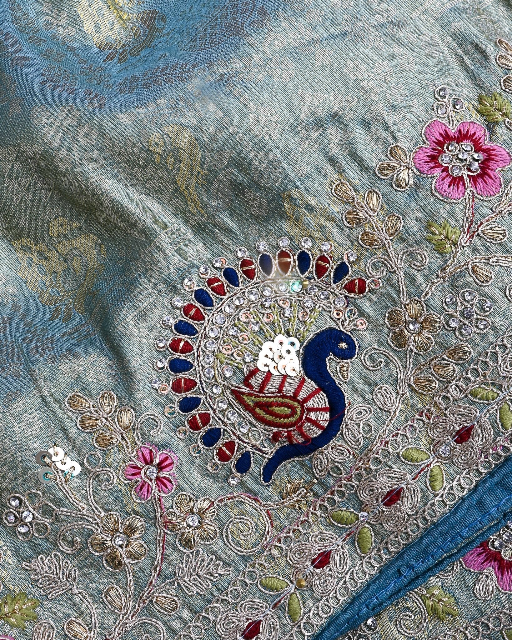 Ferozi Tissue Embroidery Saree - Shop Vastram