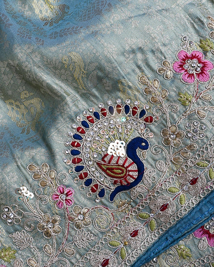 Ferozi Tissue Embroidery Saree - Shop Vastram