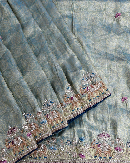 Ferozi Tissue Embroidery Saree - Shop Vastram