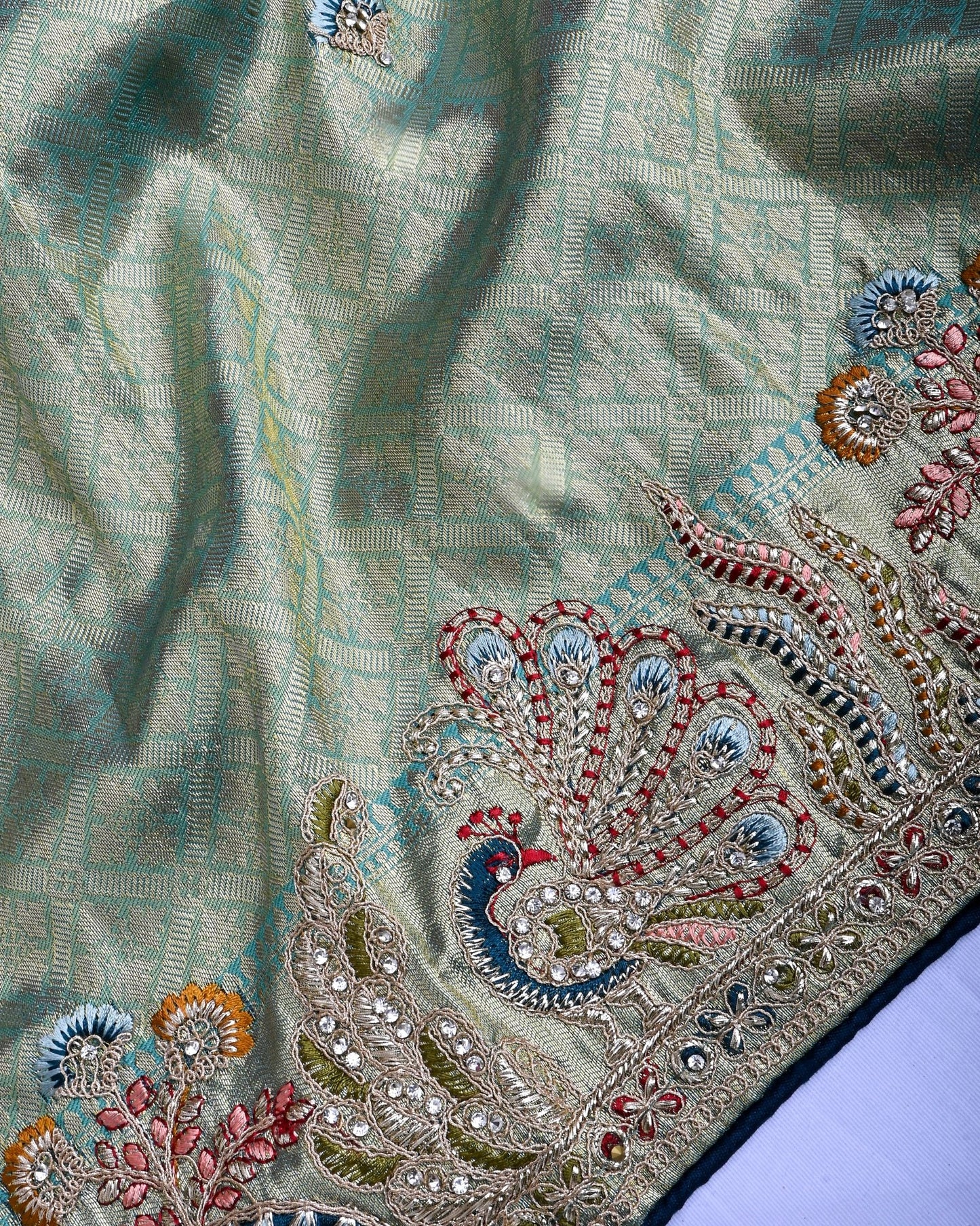Ferozi Tissue Embroidery Saree - Shop Vastram