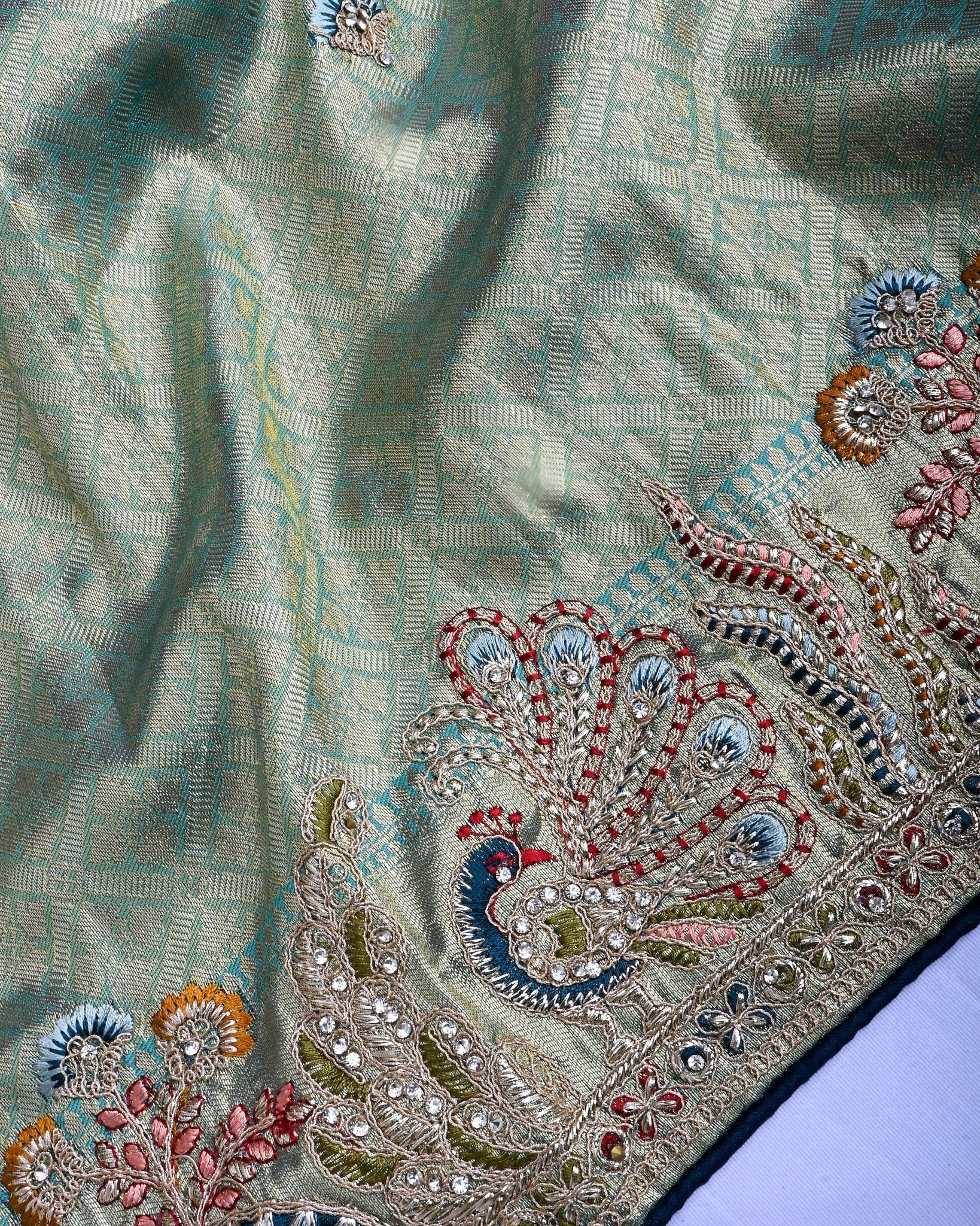 Ferozi Tissue Embroidery Saree - Shop Vastram