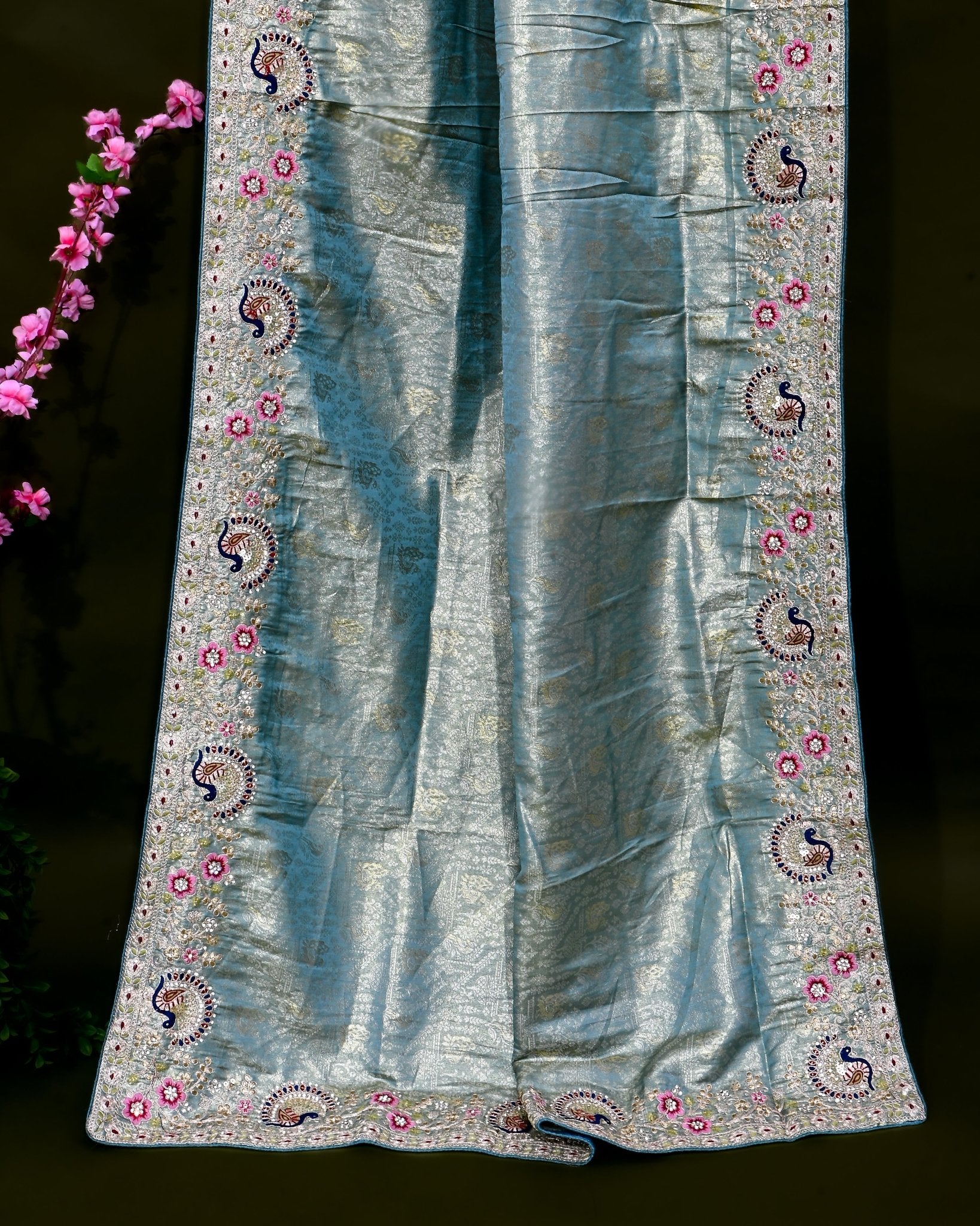 Ferozi Tissue Embroidery Saree - Shop Vastram