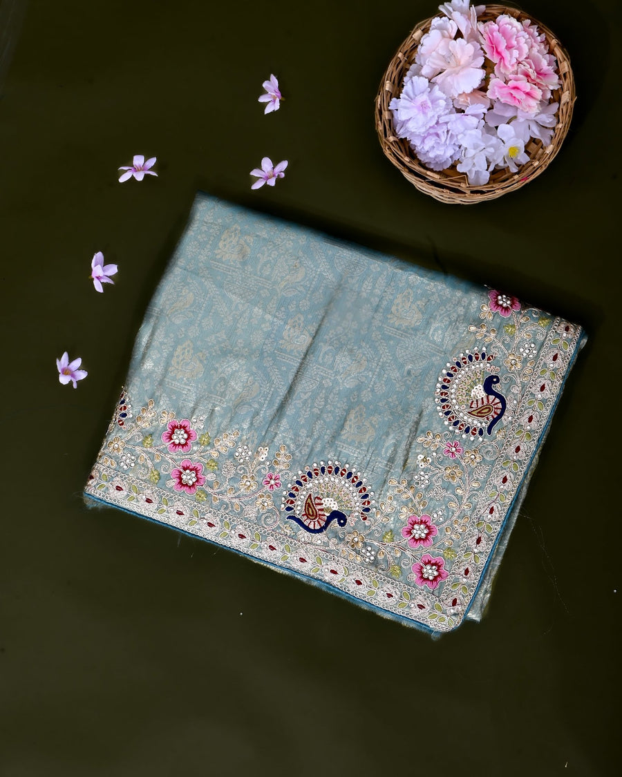 Ferozi Tissue Embroidery Saree - Shop Vastram