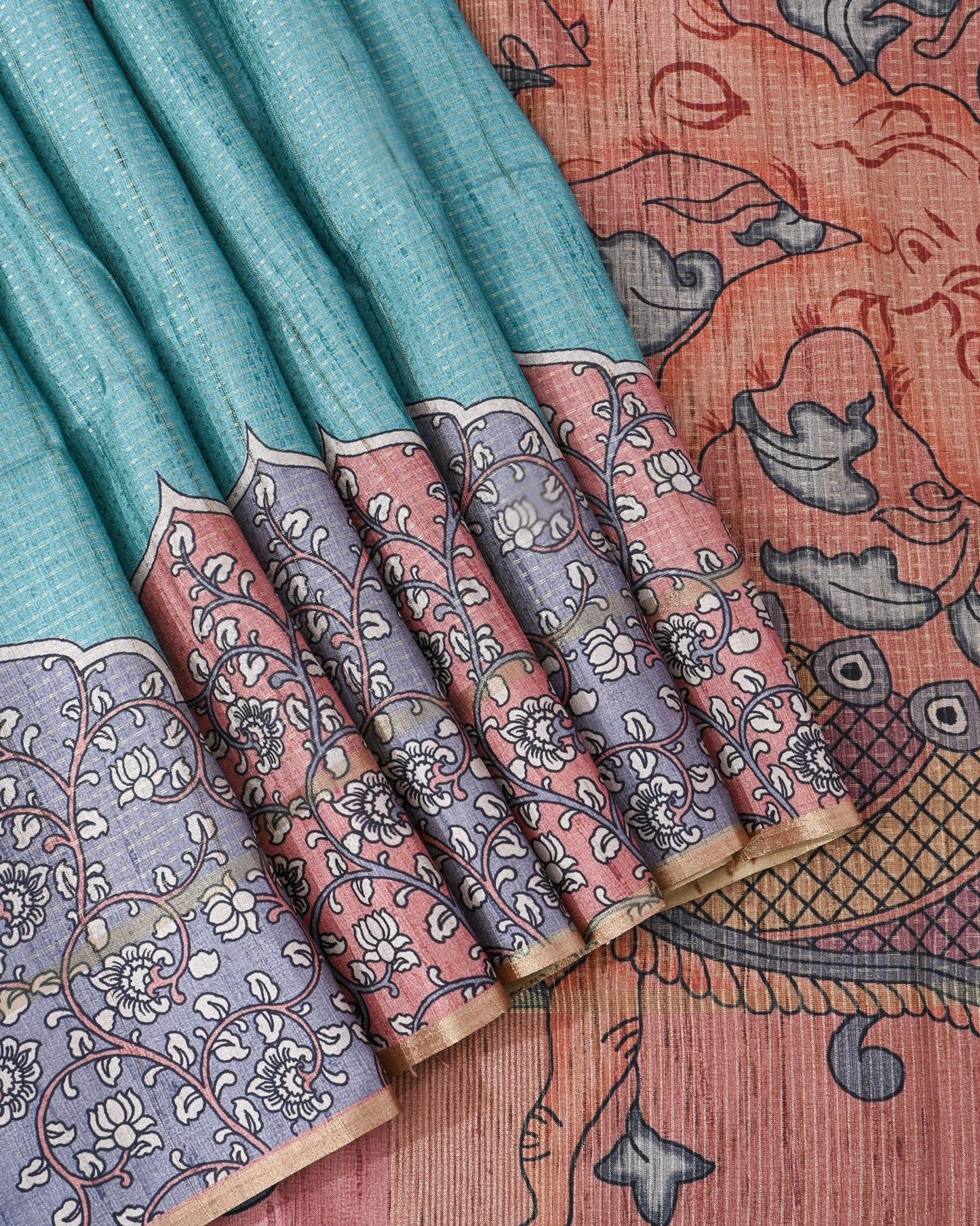 Ferozi Tusser Printed Saree - Shop Vastram