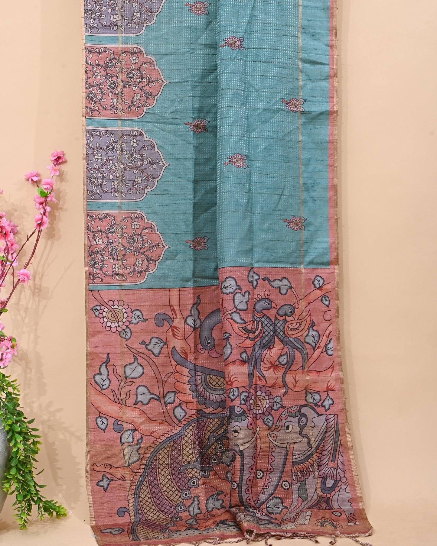 Ferozi Tusser Printed Saree - Shop Vastram