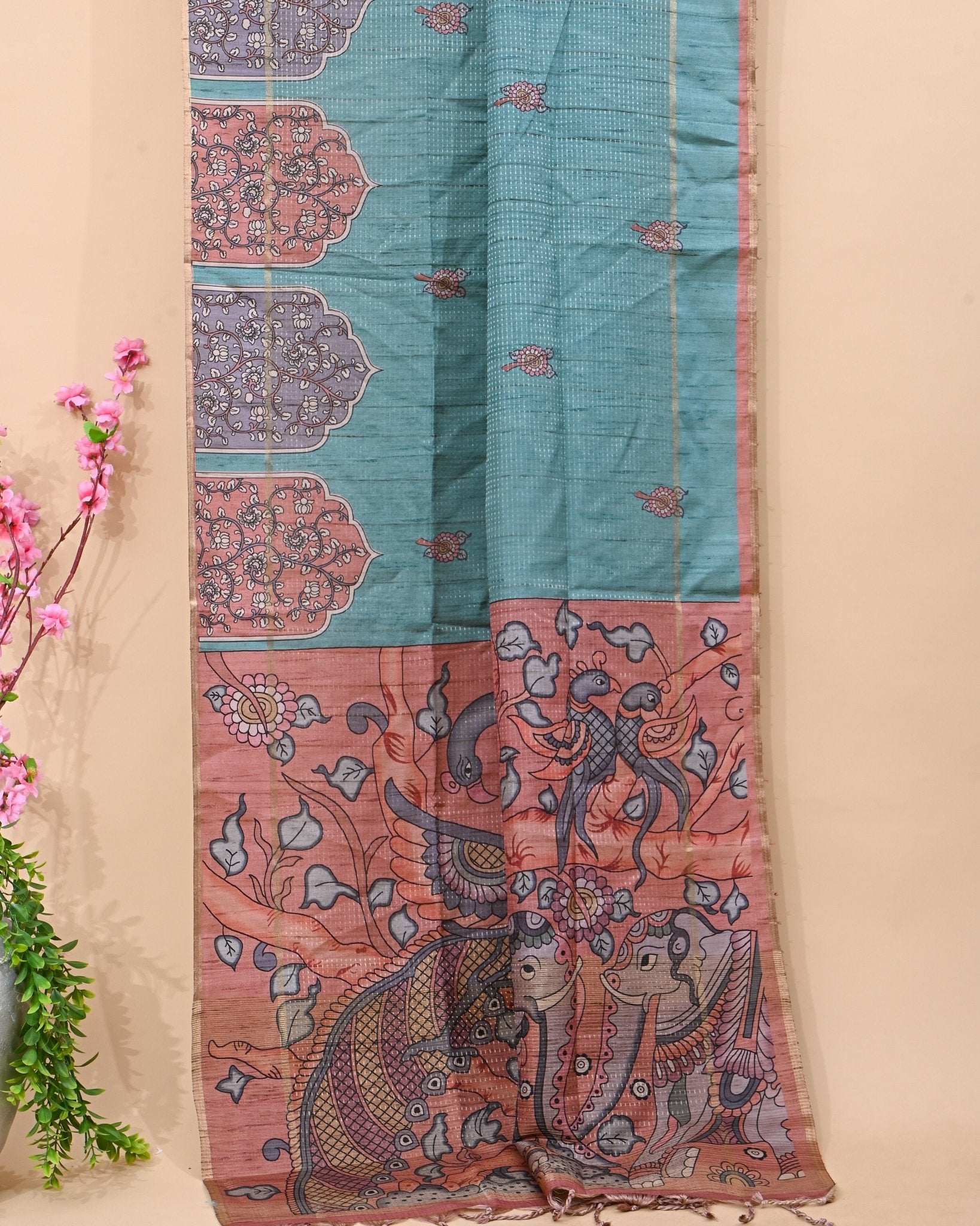 Ferozi Tusser Printed Saree - Shop Vastram
