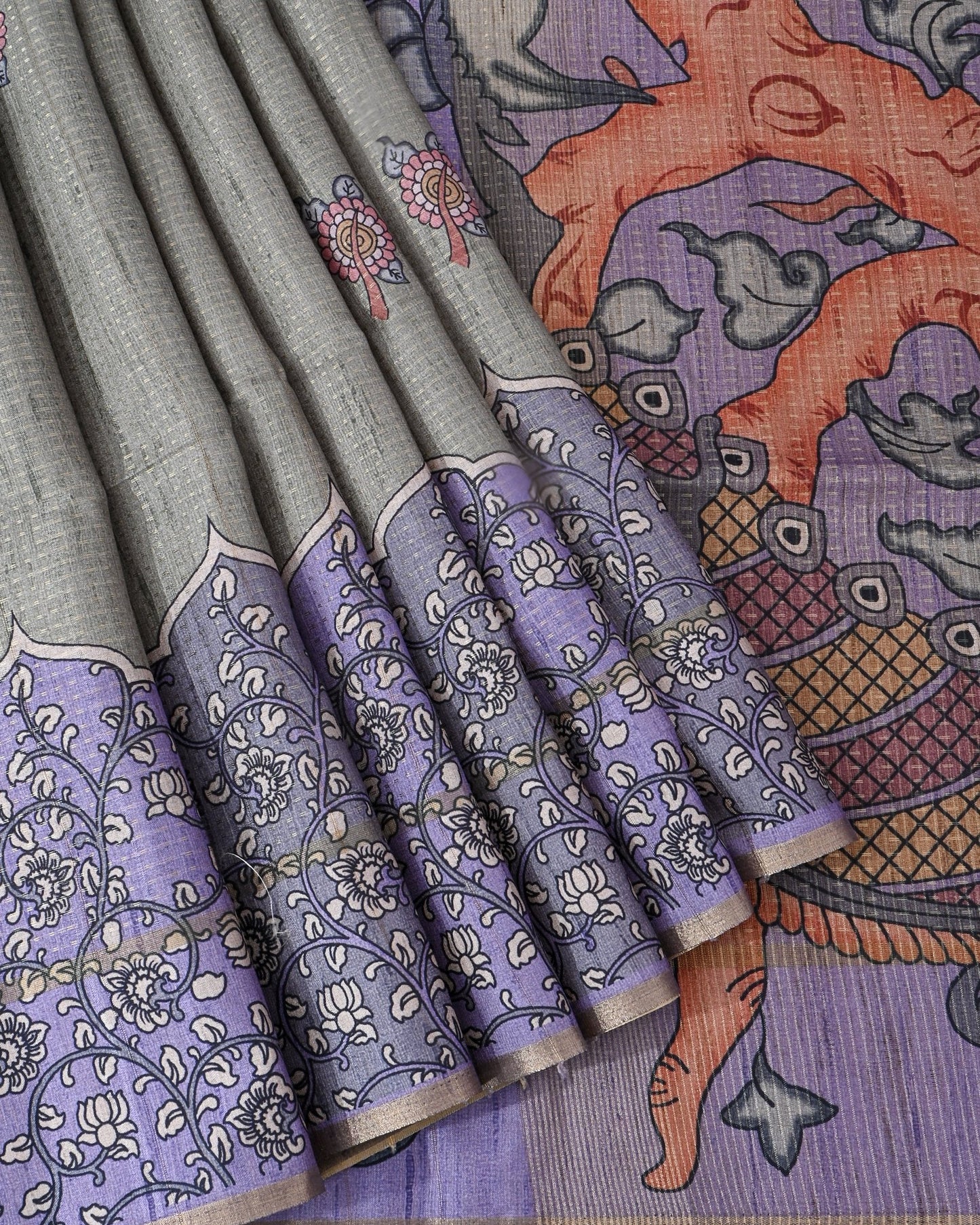 Ferozi Tusser Printed Saree - Shop Vastram