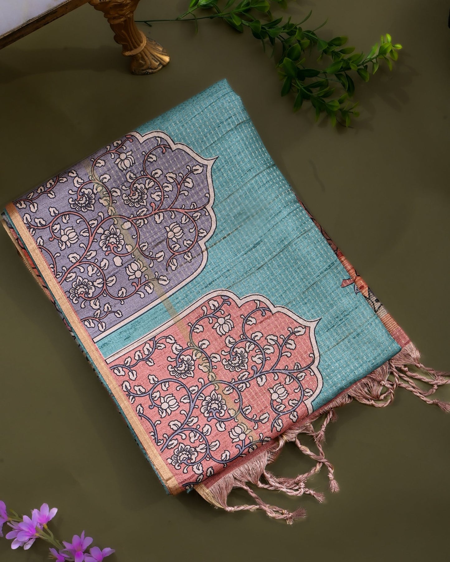 Ferozi Tusser Printed Saree - Shop Vastram