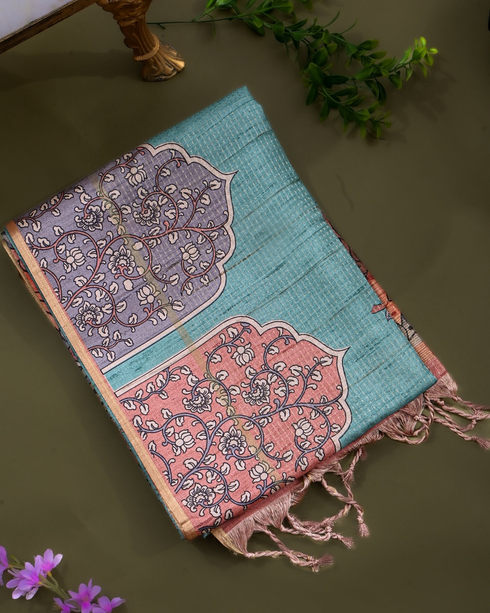 Ferozi Tusser Printed Saree - Shop Vastram