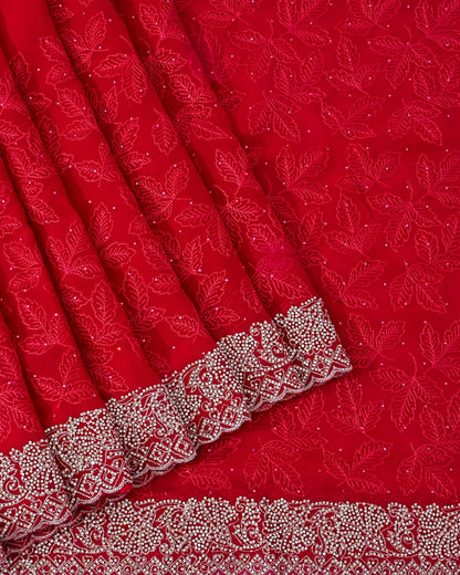 Georgette Maroon Embroidery Saree - Shop Vastram