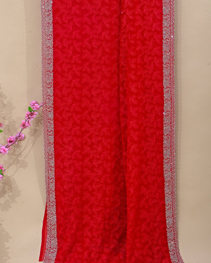 Georgette Maroon Embroidery Saree - Shop Vastram