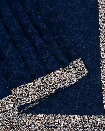 Georgette Navy Blue Embroidery Saree - Shop Vastram