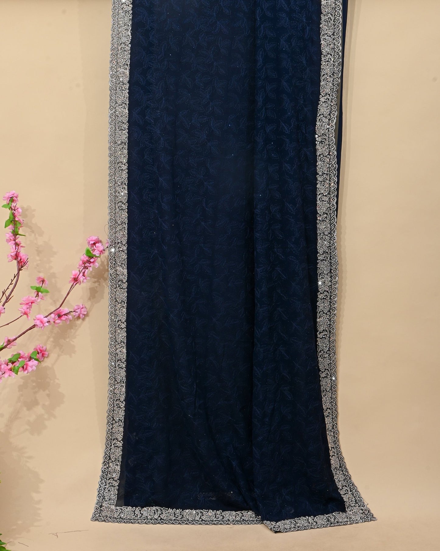 Georgette Navy Blue Embroidery Saree - Shop Vastram