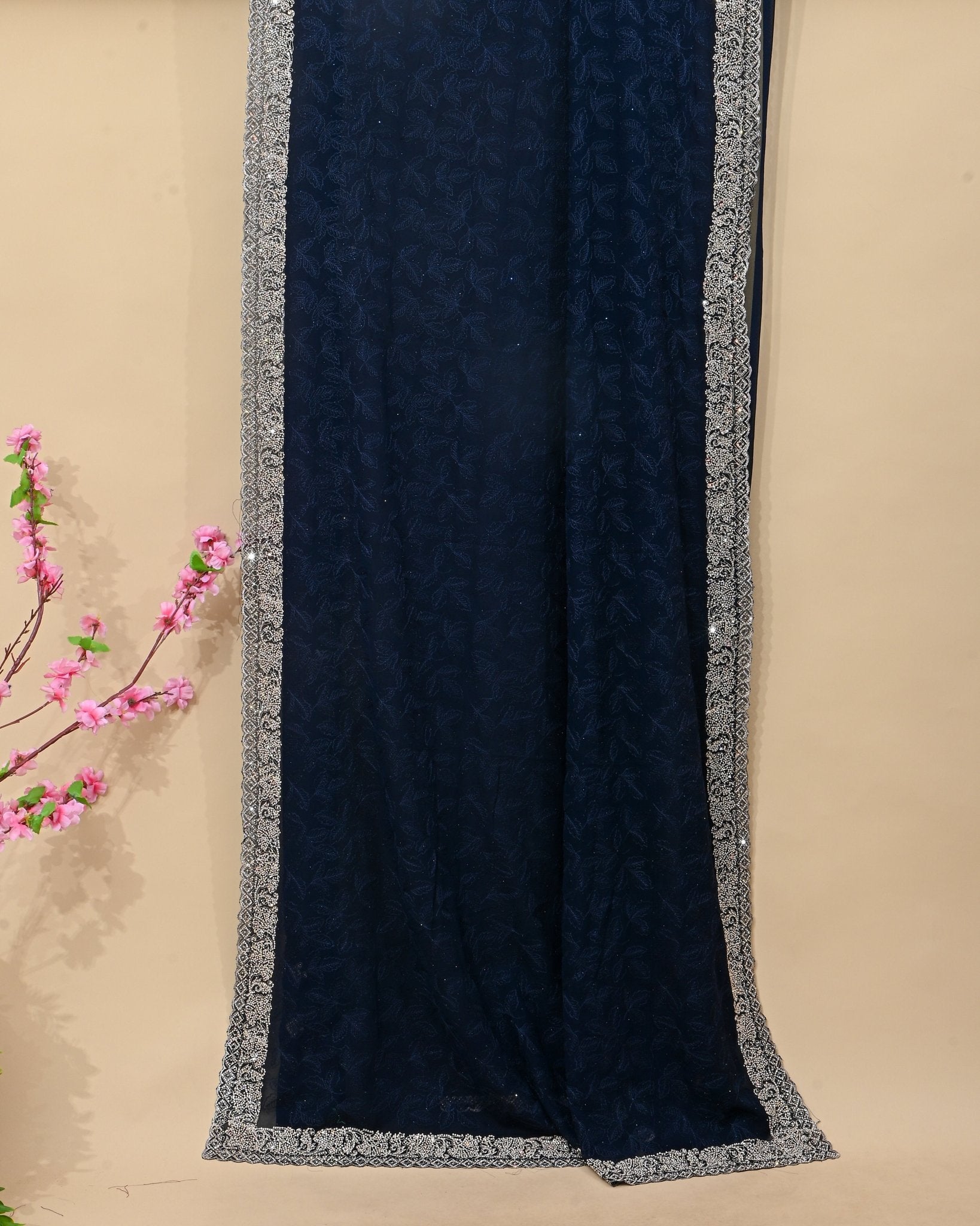 Georgette Navy Blue Embroidery Saree - Shop Vastram