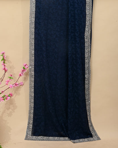 Georgette Navy Blue Embroidery Saree - Shop Vastram