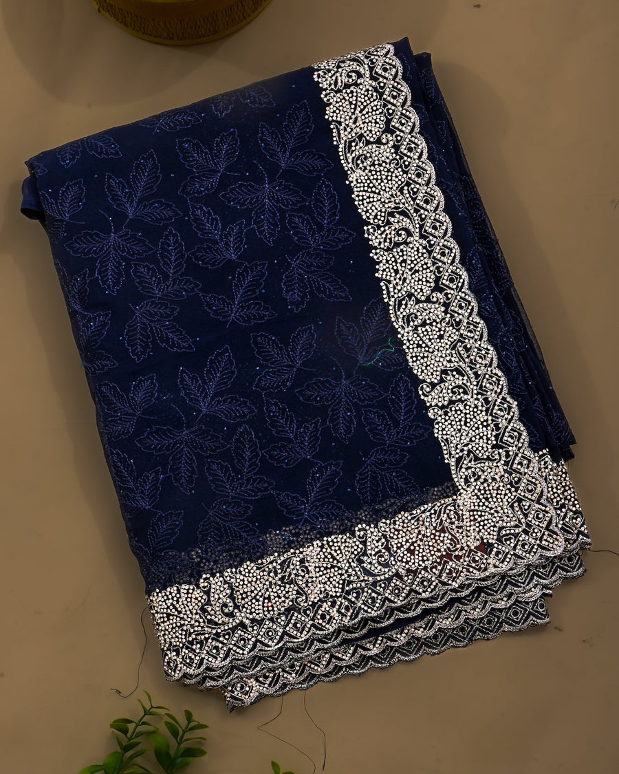 Georgette Navy Blue Embroidery Saree - Shop Vastram