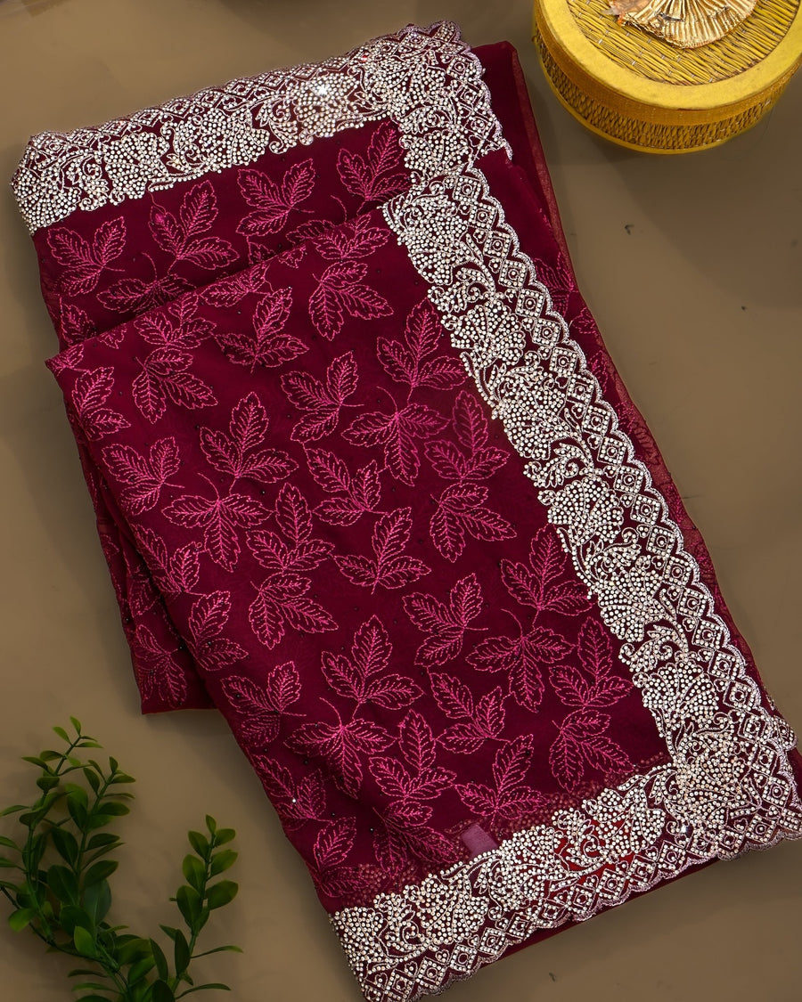 Georgette Purple Embroidery Saree - Shop  Vastram