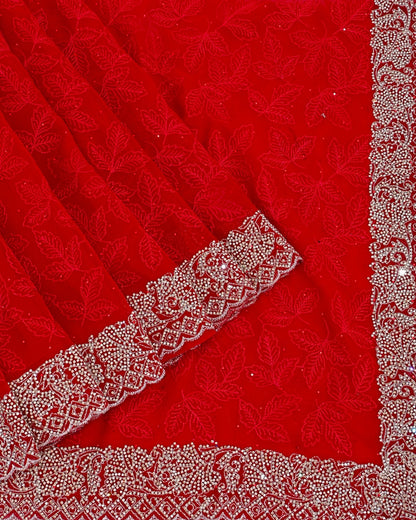 Georgette Red Embroidery Saree - Shop Vastram