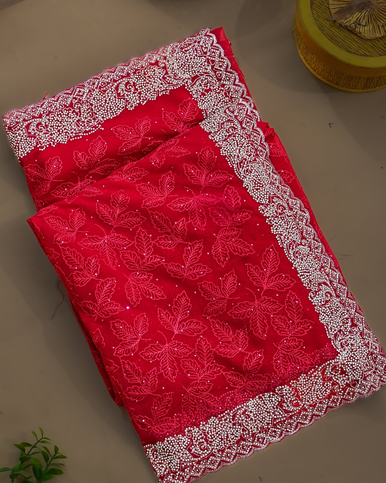 Georgette Red Embroidery Saree - Shop Vastram