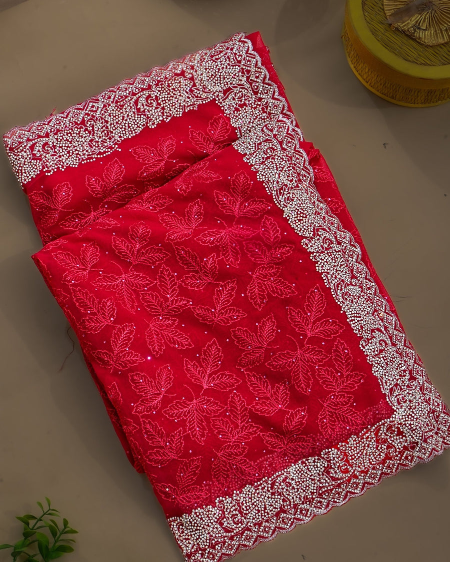 Georgette Red Embroidery Saree - Shop Vastram
