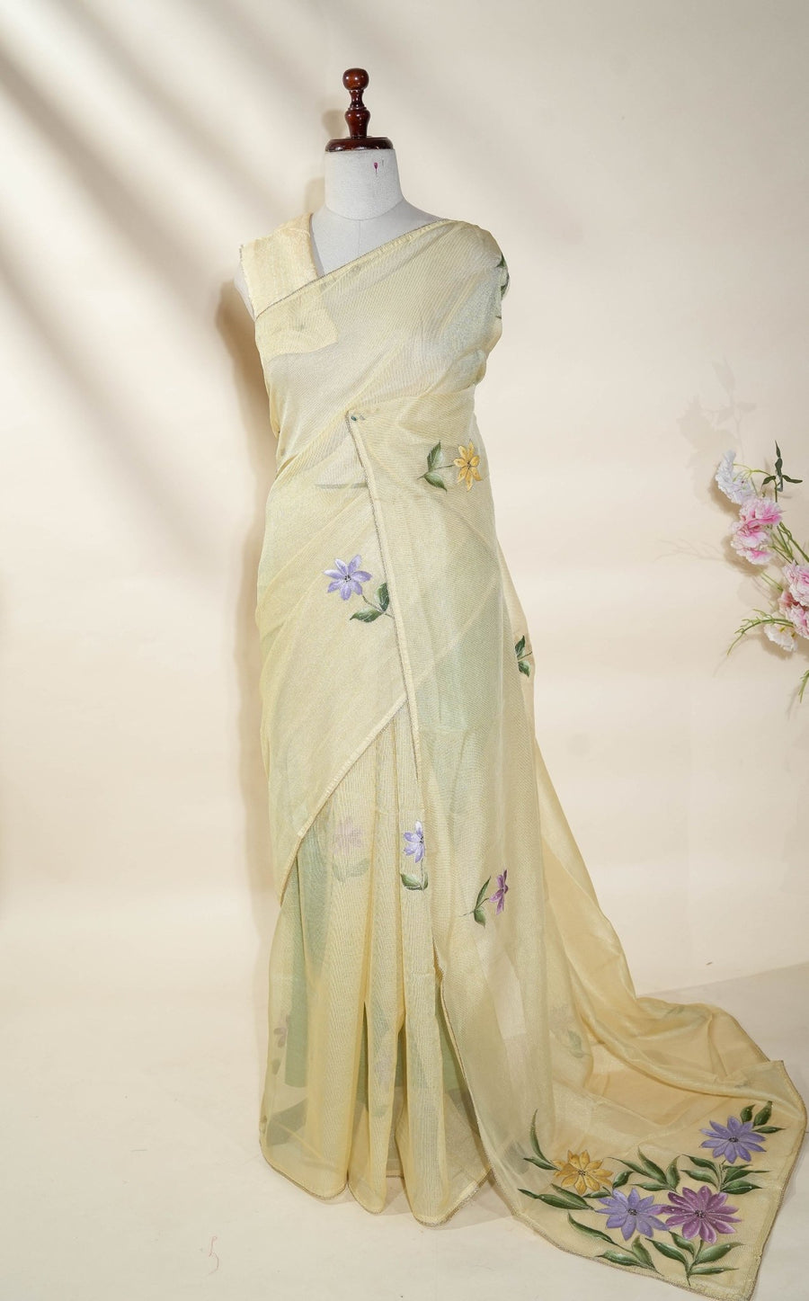 Gold Printed Embroidery Tissue Saree - Shop Vastram