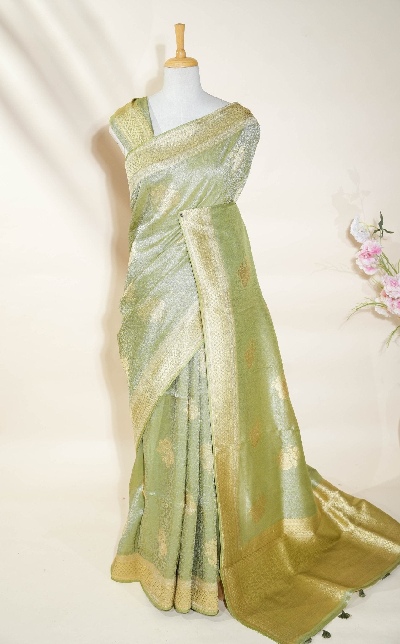 Green Banarasi Tissue Saree - Shop Vastram