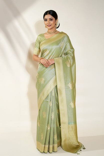 Green Banarasi Tissue Saree - Shop Vastram