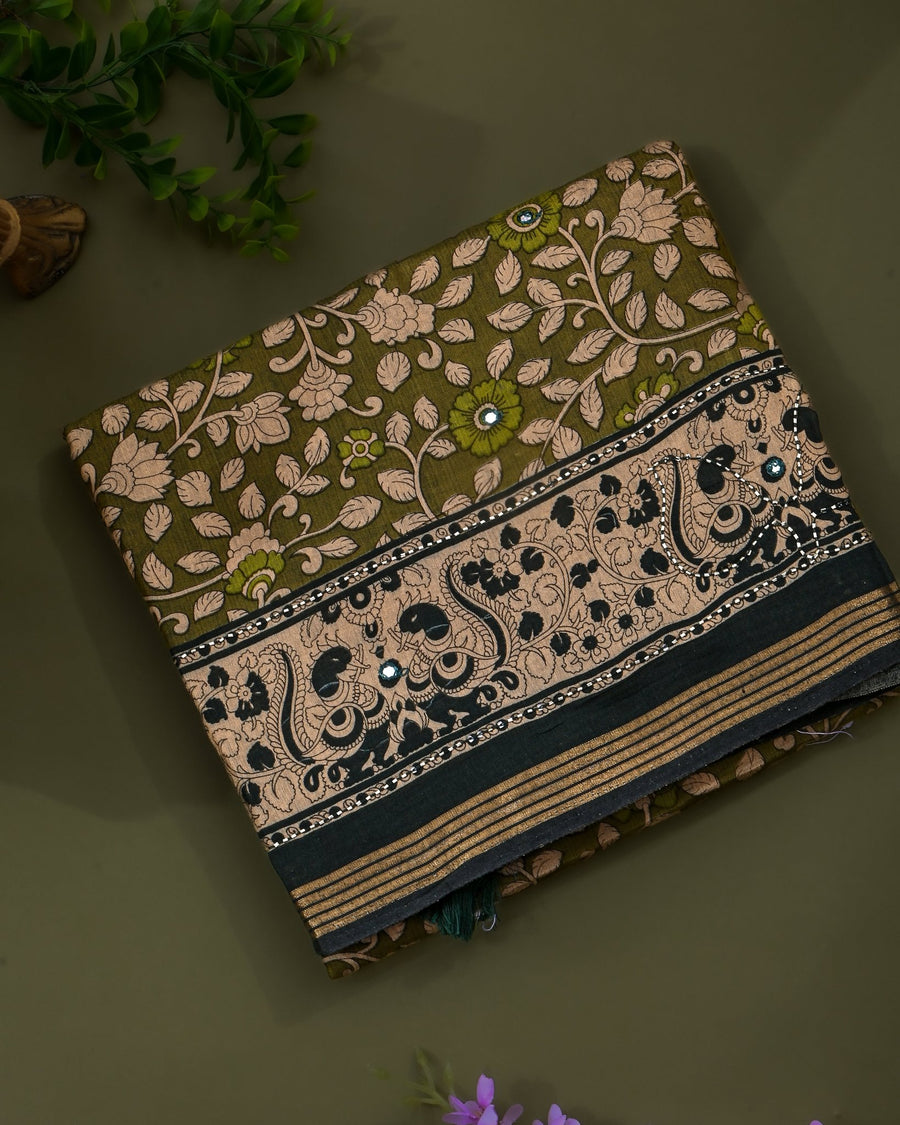 Green Chanderi Printed Saree - Shop Vastram