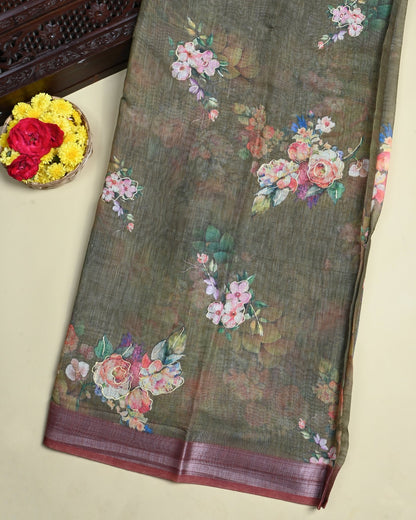 Green Color Lenin Saree - Shop Vastram