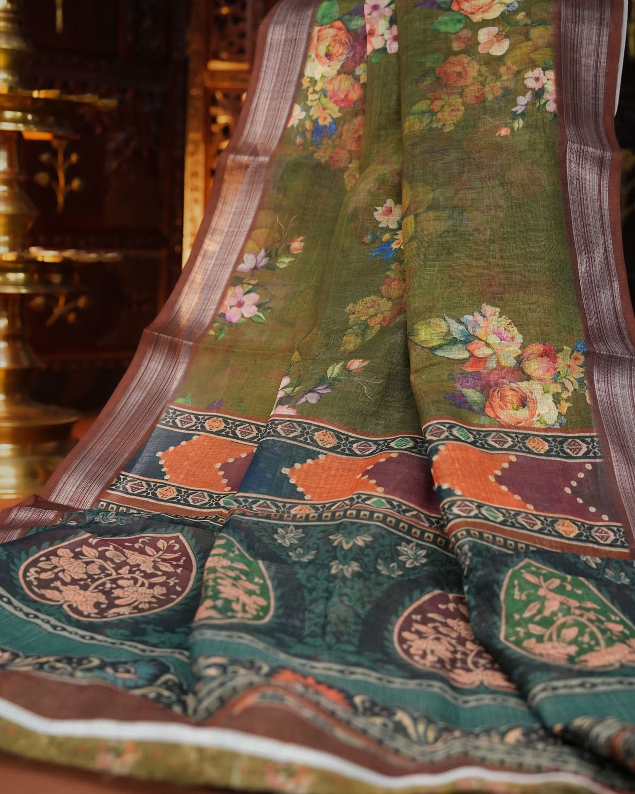 Green Color Lenin Saree - Shop Vastram