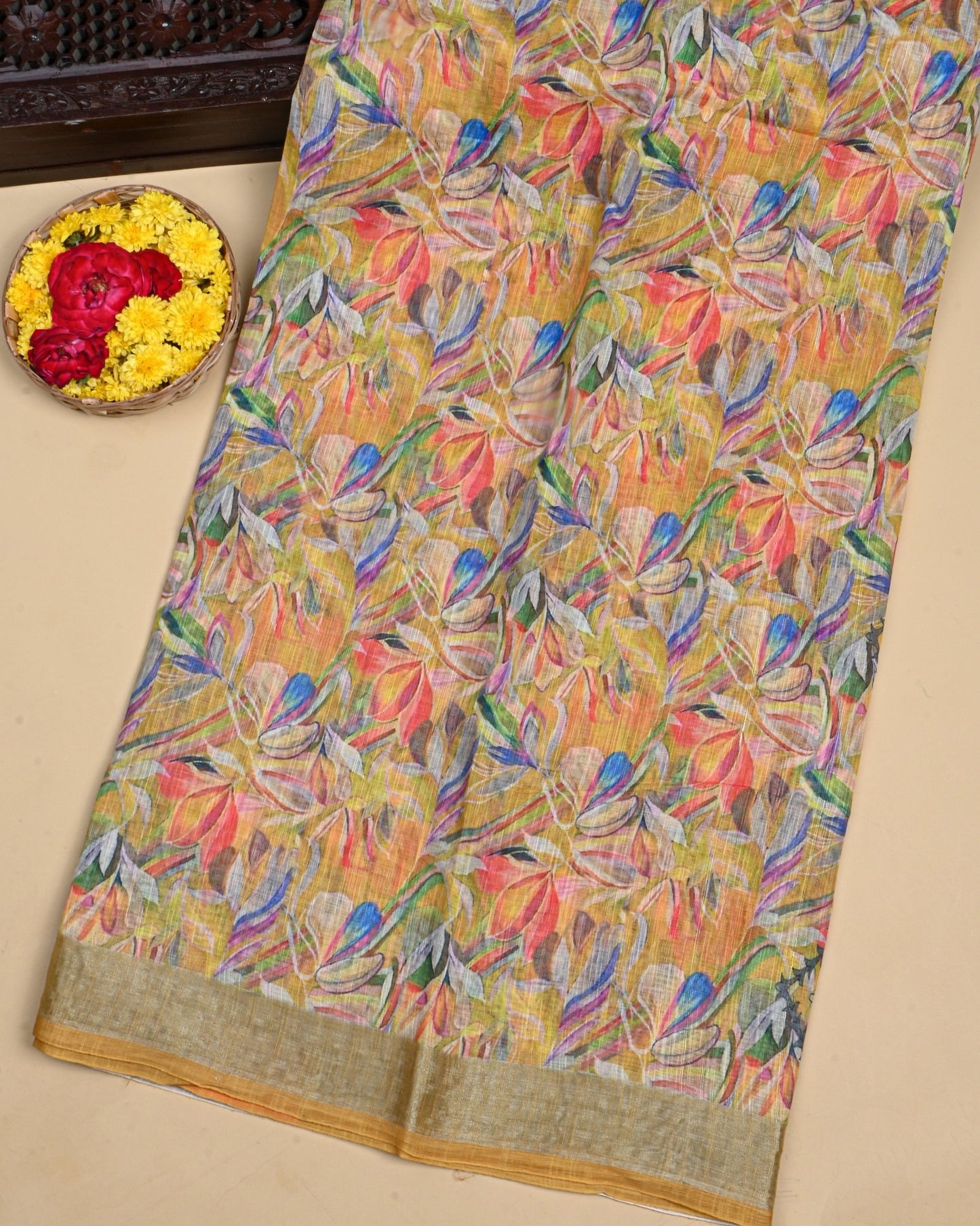 Green Color Lenin Saree - Shop Vastram