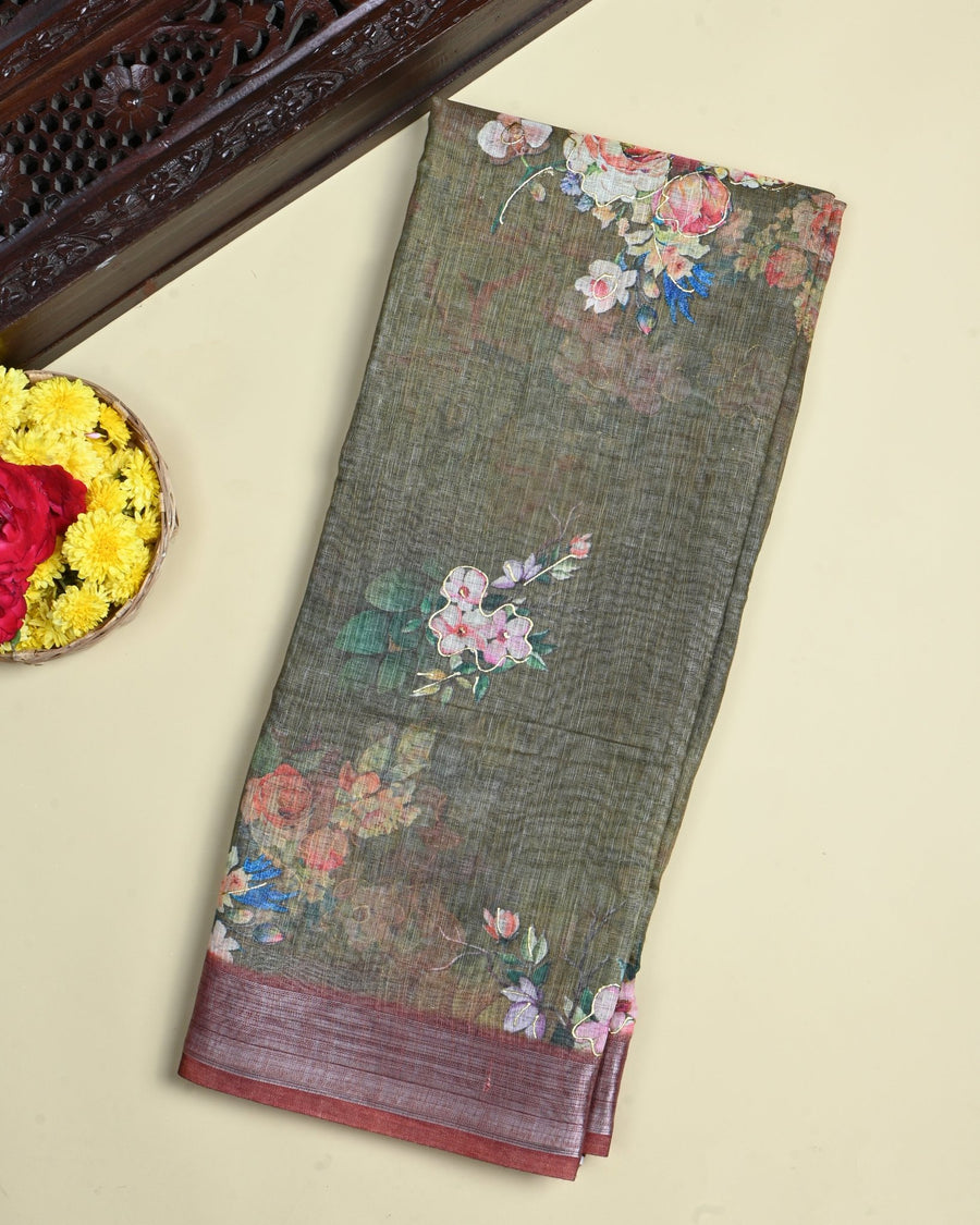 Green Color Lenin Saree - Shop Vastram