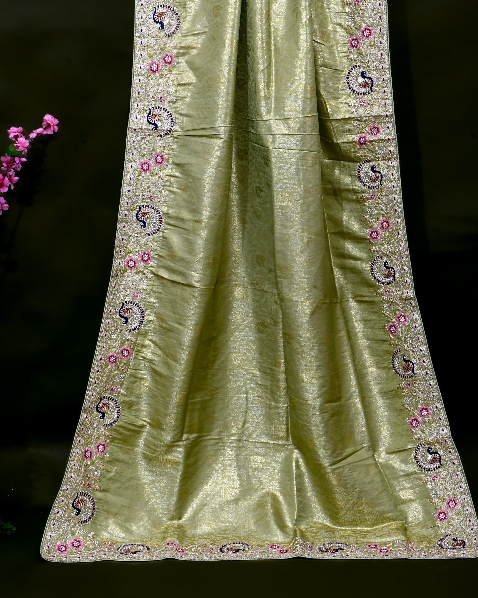 Green Tissue Embroidery Saree - Shop Vastram