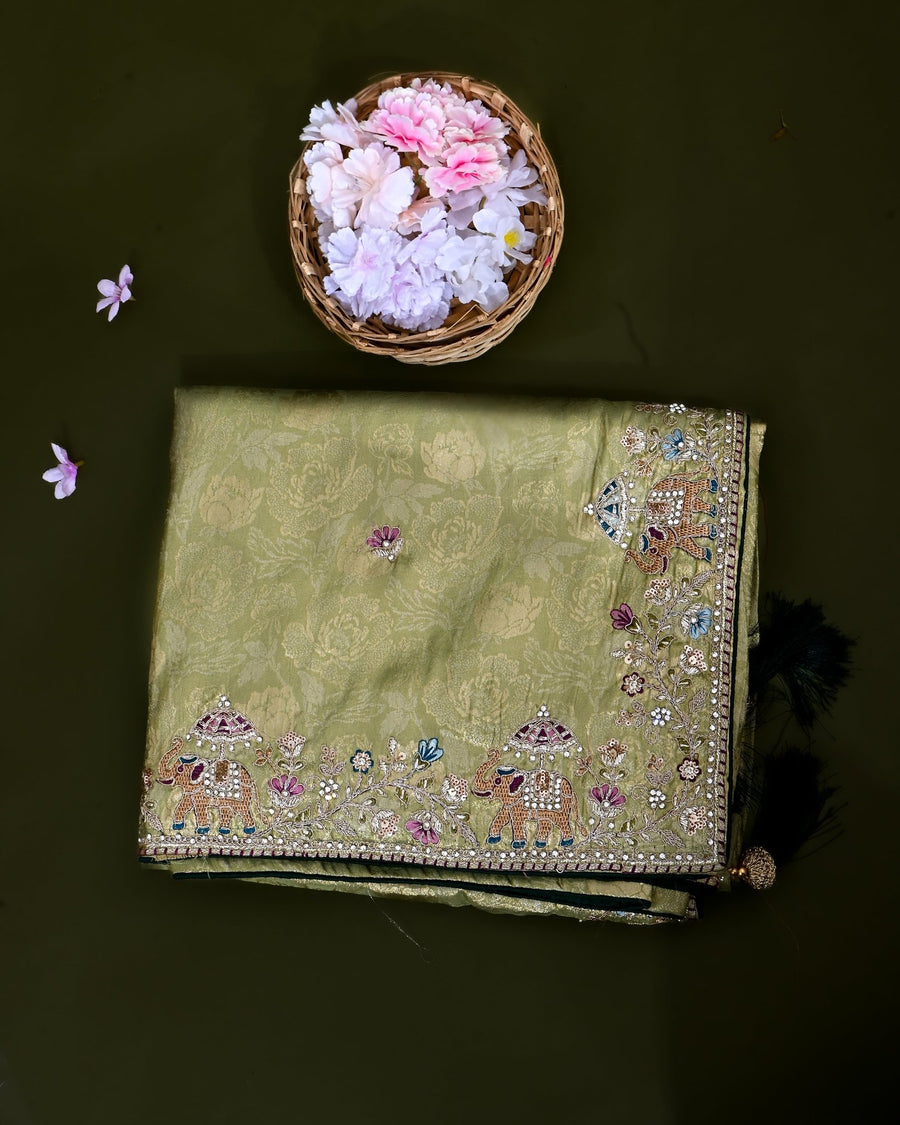 Green Tissue Embroidery Saree - Shop Vastram