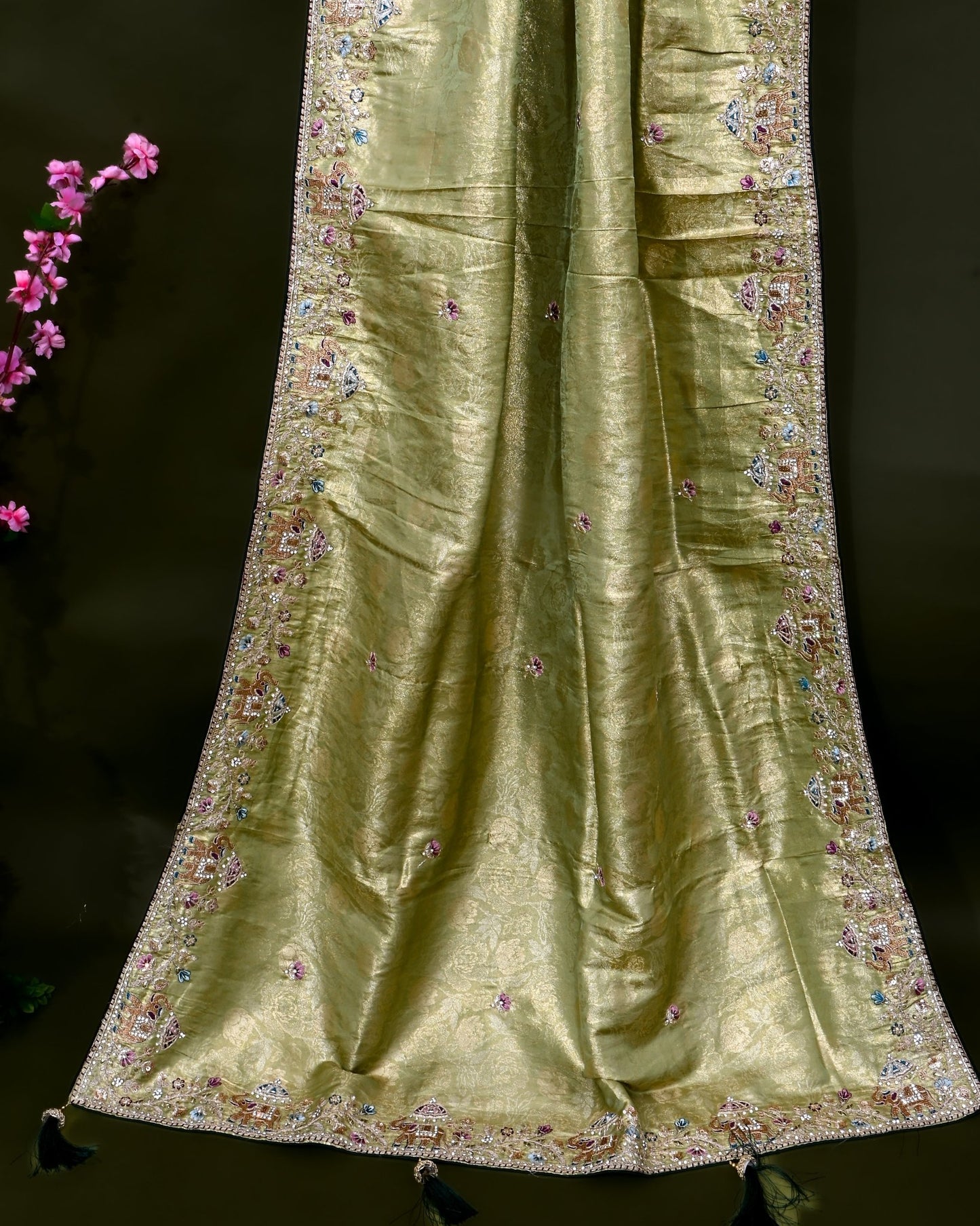 Green Tissue Embroidery Saree - Shop Vastram