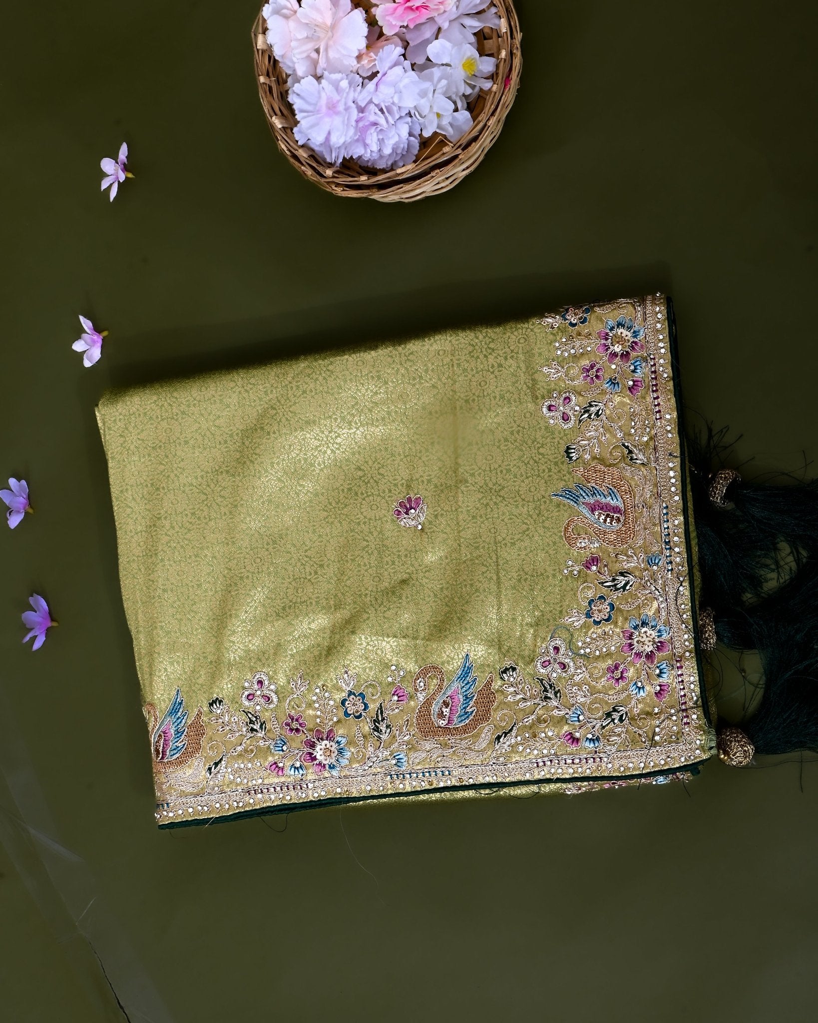 Green Tissue Embroidery Saree - Shop Vastram