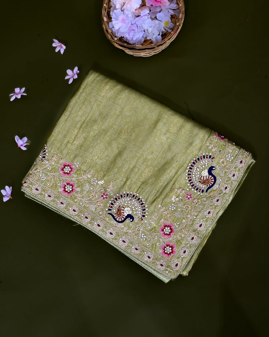 Green Tissue Embroidery Saree - Shop Vastram
