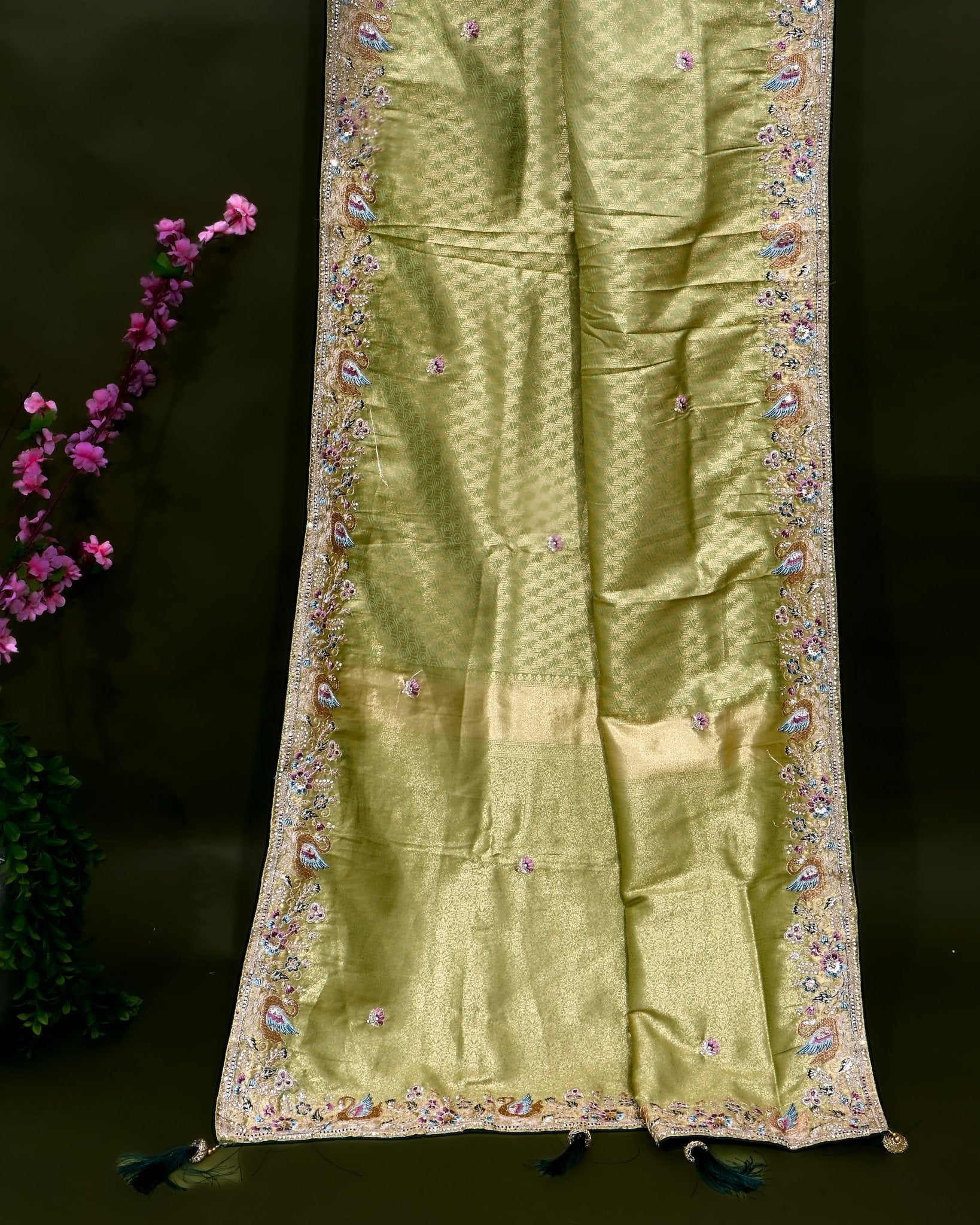 Green Tissue Embroidery Saree - Shop Vastram