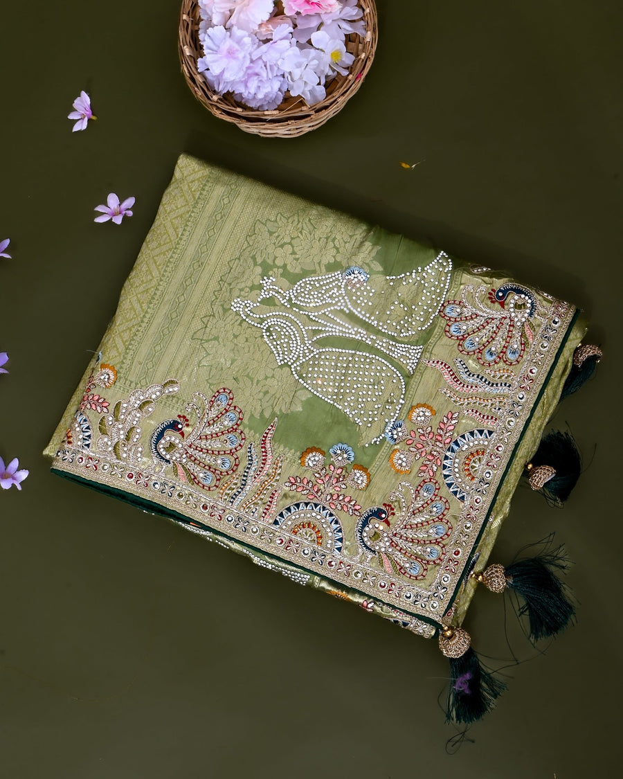 Green Tissue Embroidery Saree - Shop Vastram